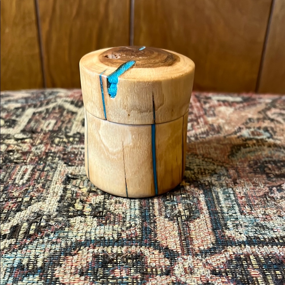 Handcrafted Wooden Accent Box with Blue Inlay